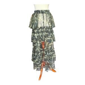 Camouflage Sheer Maxi Tiered Skirt Y2K Elastic Waist Statement Mesh Layered L